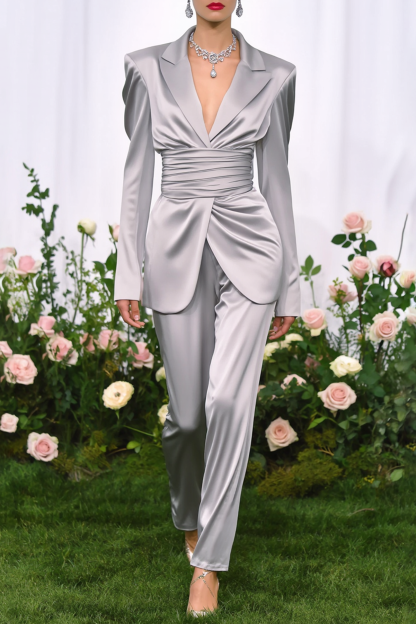 Business Party Blazer Suit Sets Silver Lapel Long Sleeve Pants Set