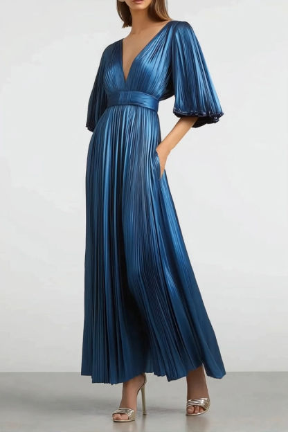 Semi-Formal Party Dress Blue Deep V Metallic Pleated Fabric Pocketed Maxi Dress