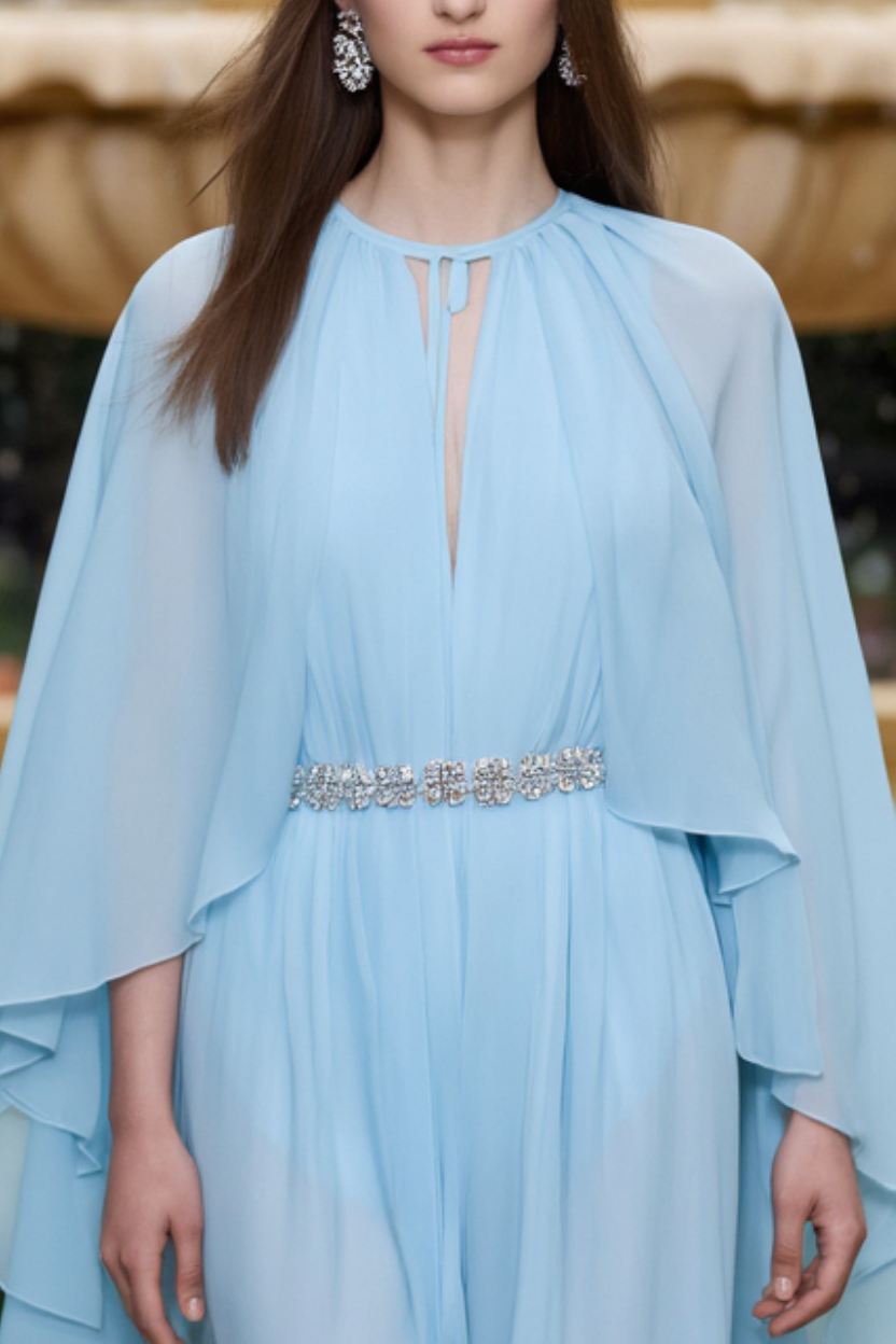 Formal ​Dress​​​ Blue Crew Neck Belted Chiffon Floor-Length 