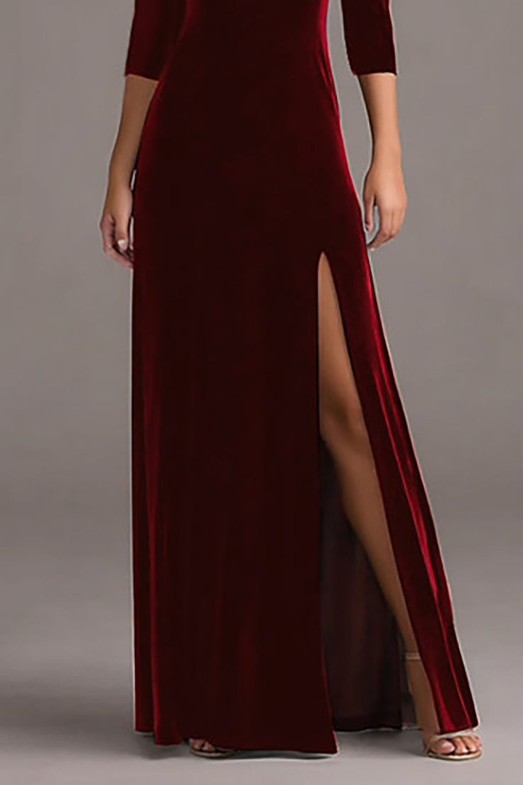 Formal Evening Dress Burgundy Square Neck Velvet Maxi Dress