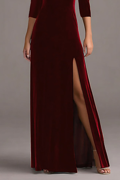 Formal Evening Dress Burgundy Square Neck Velvet Maxi Dress