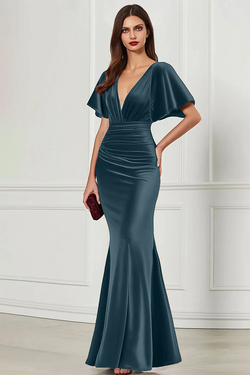 Formal Evening Dress Burgundy V Neck Velvet Maxi Dress