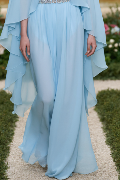Formal ​Dress​​​ Blue Crew Neck Belted Chiffon Floor-Length 