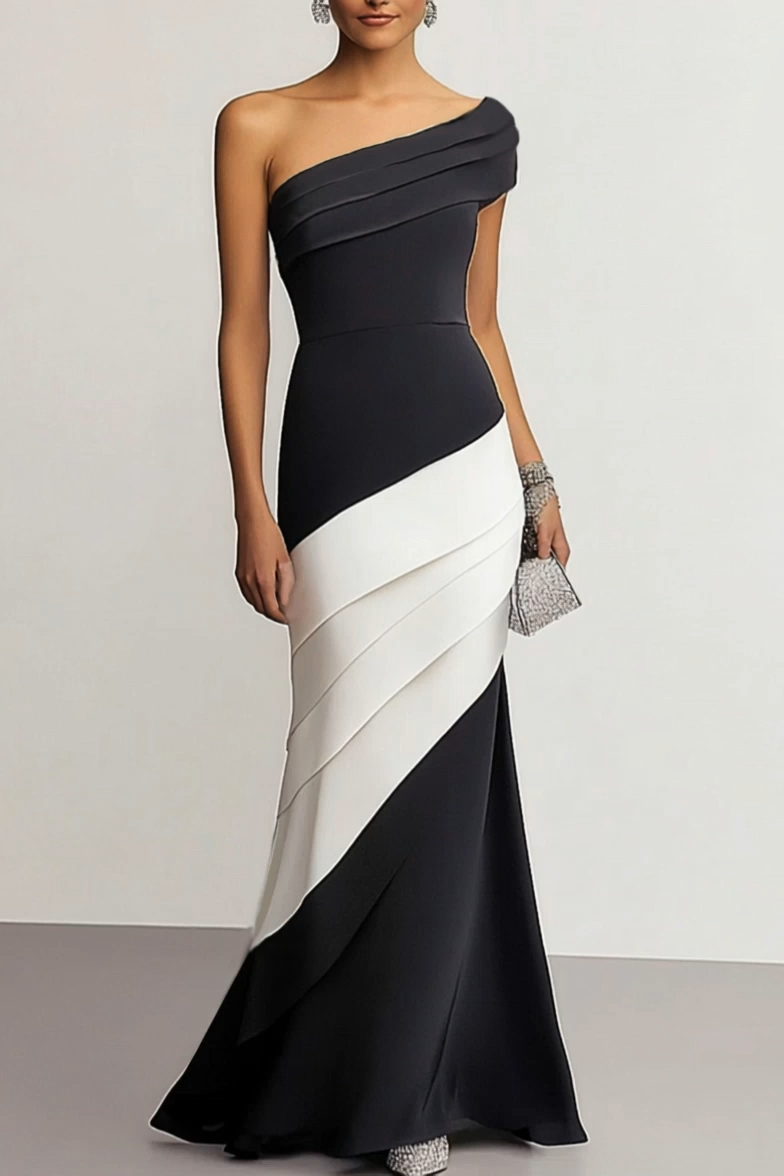 Formal Evening Gown One-Shoulder Black White Maxi Mermaid Dress