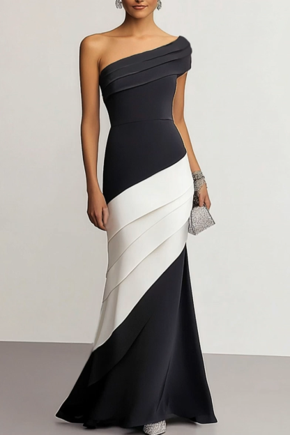 Formal Evening Gown One-Shoulder Black White Maxi Mermaid Dress