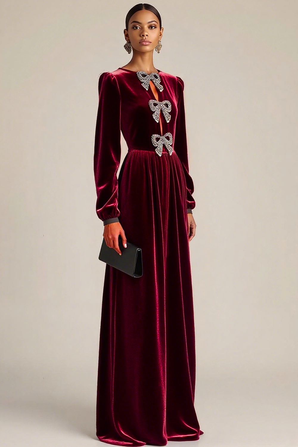 Black Formal Evening Dress A-Line Crew Neck Long Sleeves Bowknot Maxi Dress