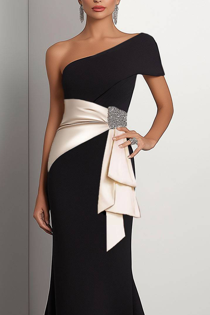 Elegant Formal Dress Color Block One-shoulder Sleeve Rhinestone Draped Mermaid Floor-length Dress
