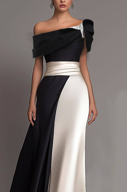 Party Formal Dress Color Block One-shoulder Sleeve Asymmetrical Floor-length Gown