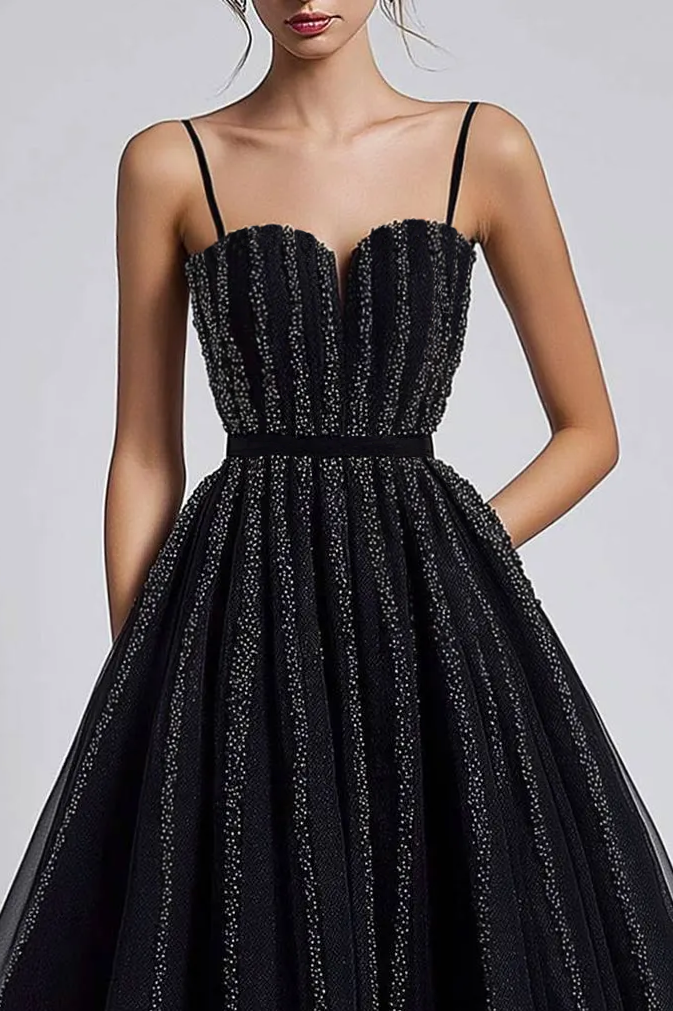 Prom Party Mesh Dress Slip Black Pleated Glitter Midi Dress