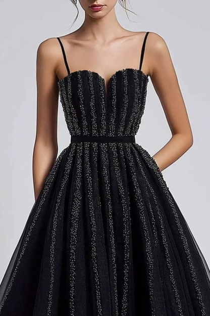 Prom Party Mesh Dress Slip Black Pleated Glitter Midi Dress
