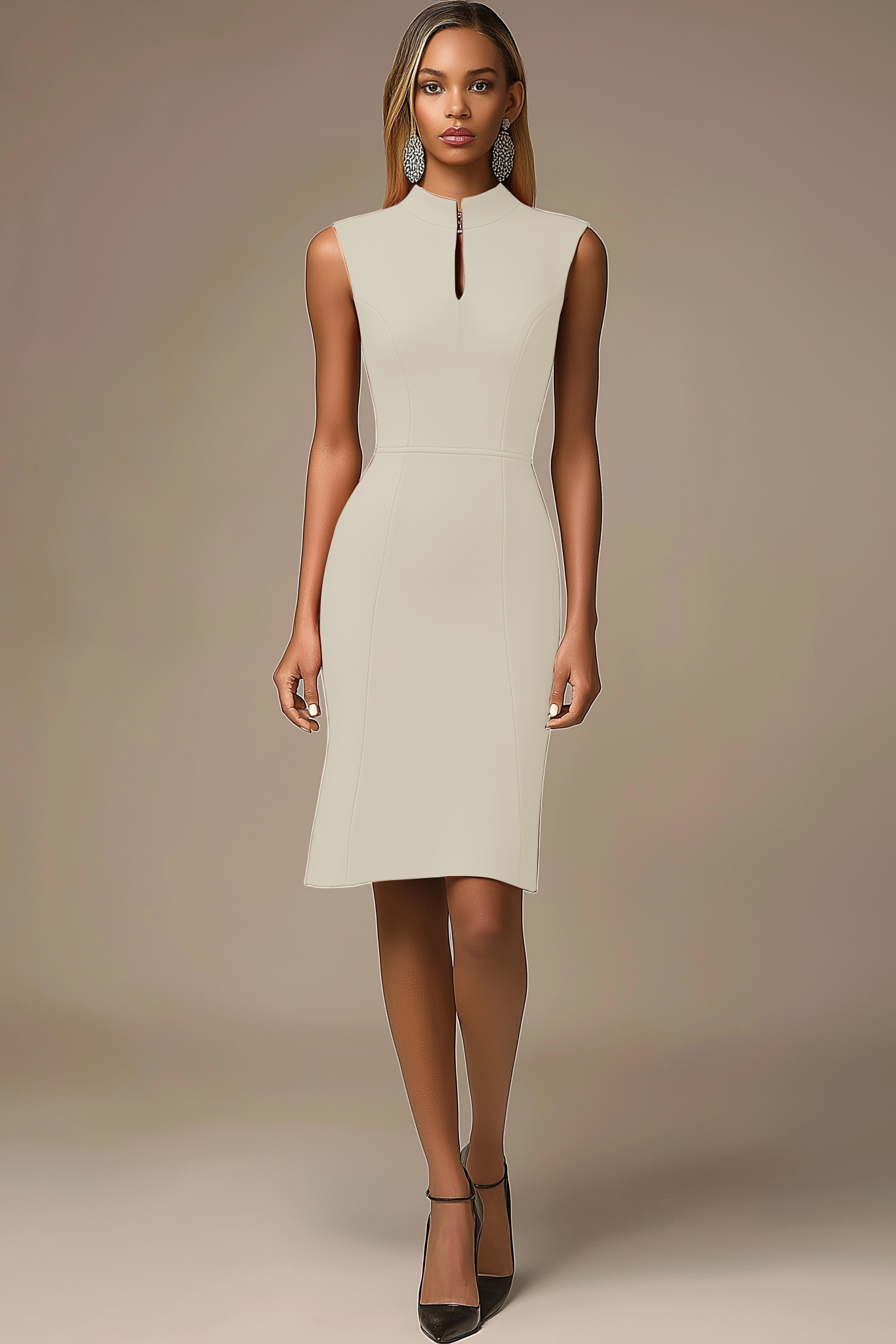 Work Business Red Dress Sleeveless Stand Collar Knee-Length Dress