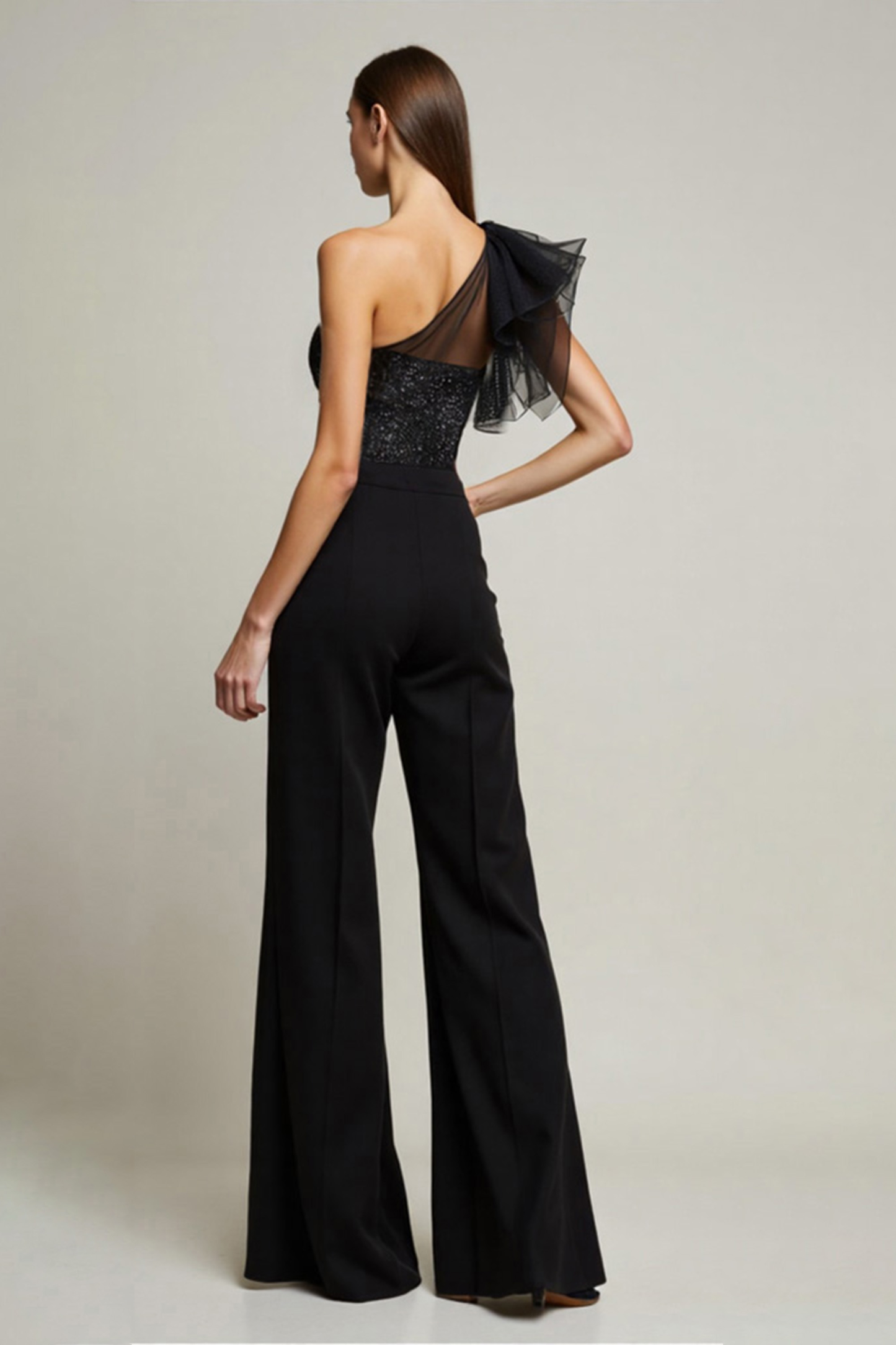 Cocktail Party Jumpsuit Black Mesh One-Shoulder Straight-Leg Pants