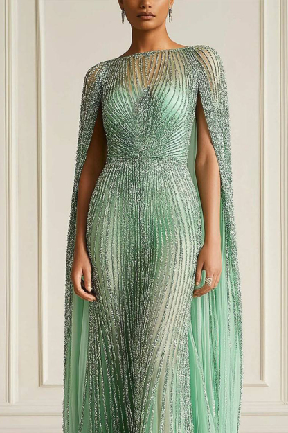 Elegant Formal Dress Boat Neck Cape Rhinestone Fitted Maxi Dress
