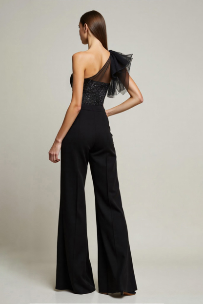 Cocktail Party Jumpsuit Black Mesh One-Shoulder Straight-Leg Pants