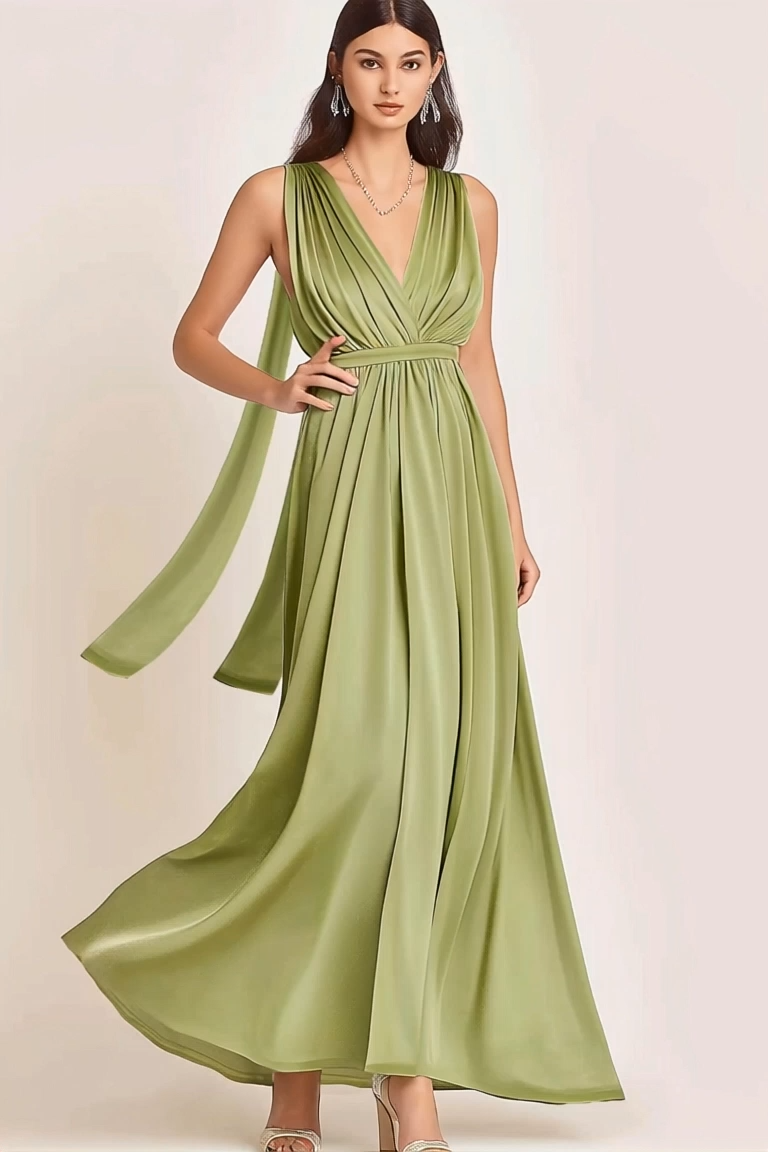 Wedding Guest Semi-Formal Dress with Scarf Green Satin V-Neck Sleeveless Maxi Dress with Scarf