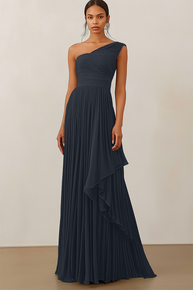 Formal Evening Dress Green Ruched Asymmetrical Floor-Length Gown
