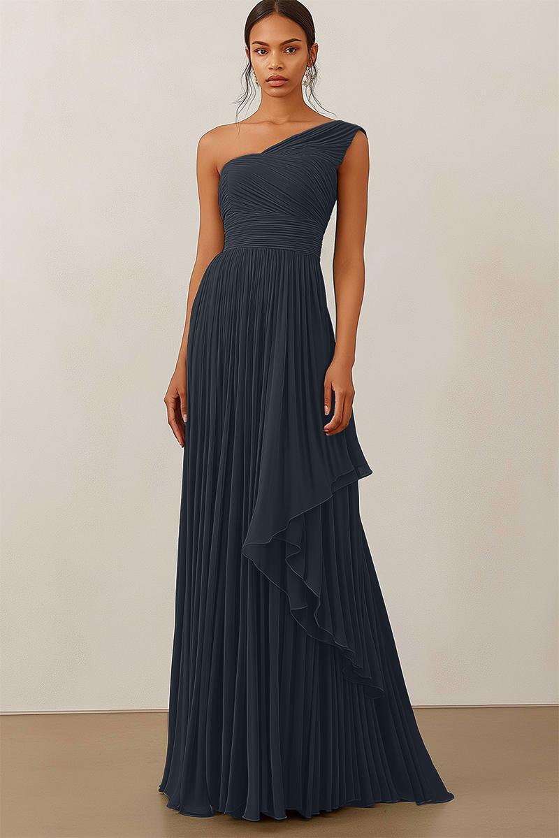 Formal Evening Dress Green Ruched Asymmetrical Maxi Gown