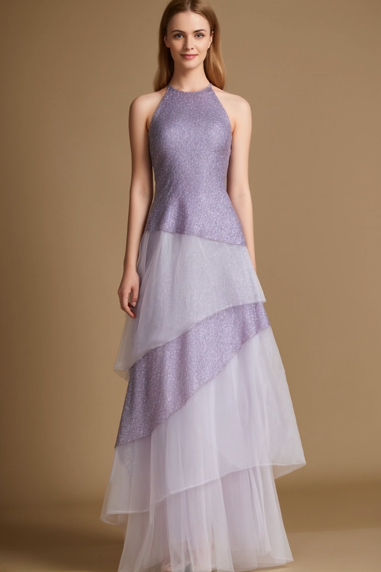 Party Tiered Dress Purple Halter Neck Mesh Dress