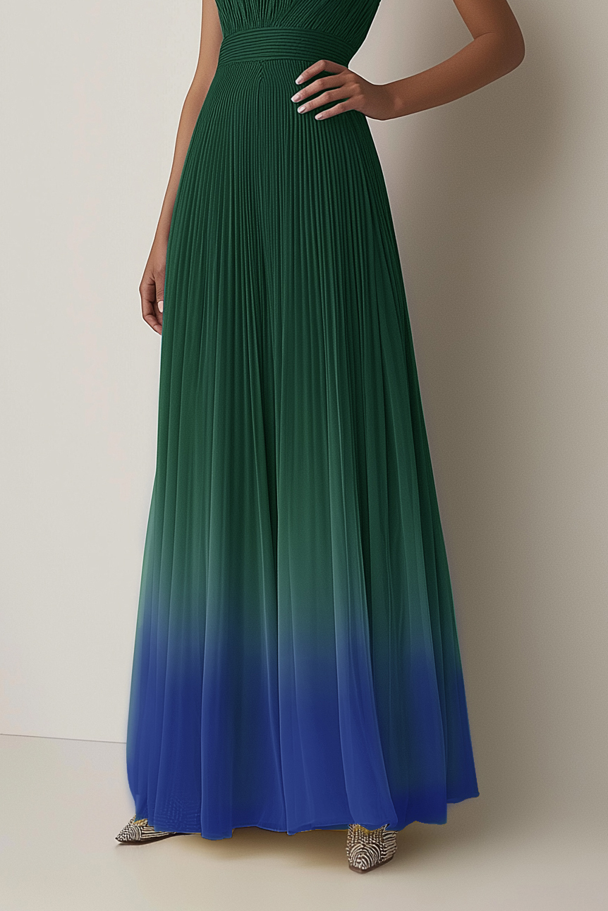 Evening Halter Dress Green-Blue Ombre Pleated Chiffon Maxi Dress