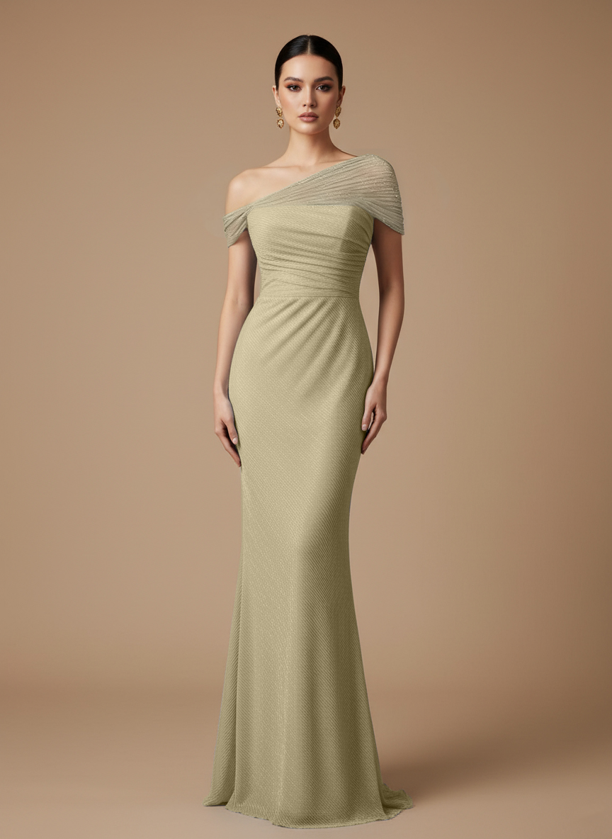 Evening Prom Light Blue Gown One Shoulder Glitter Pleated Maxi Dress