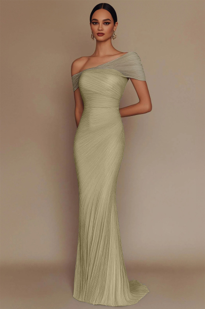 Evening Prom Light Blue Gown One Shoulder Glitter Pleated Maxi Dress