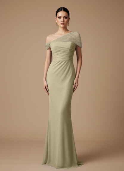 Evening Prom Light Blue Gown One Shoulder Glitter Pleated Maxi Dress