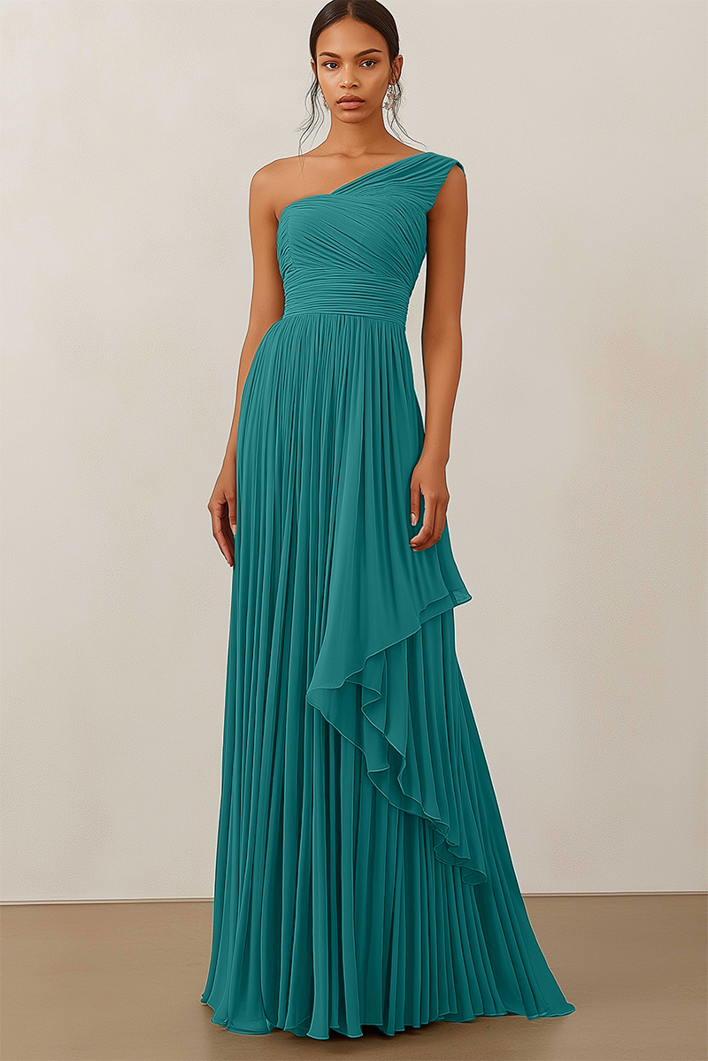 Formal Evening Dress Green Ruched Asymmetrical Maxi Gown