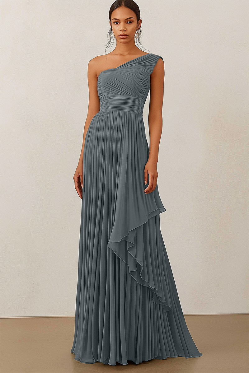 Formal Evening Dress Green Ruched Asymmetrical Maxi Gown