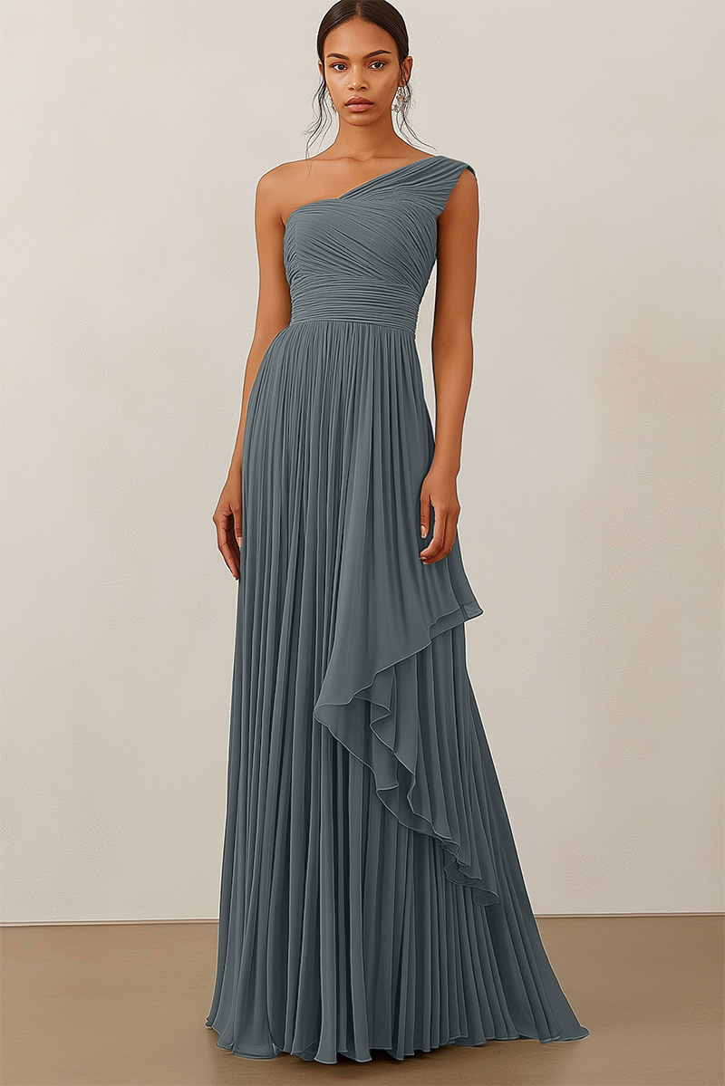 Formal Evening Dress Green Ruched Asymmetrical Maxi Gown