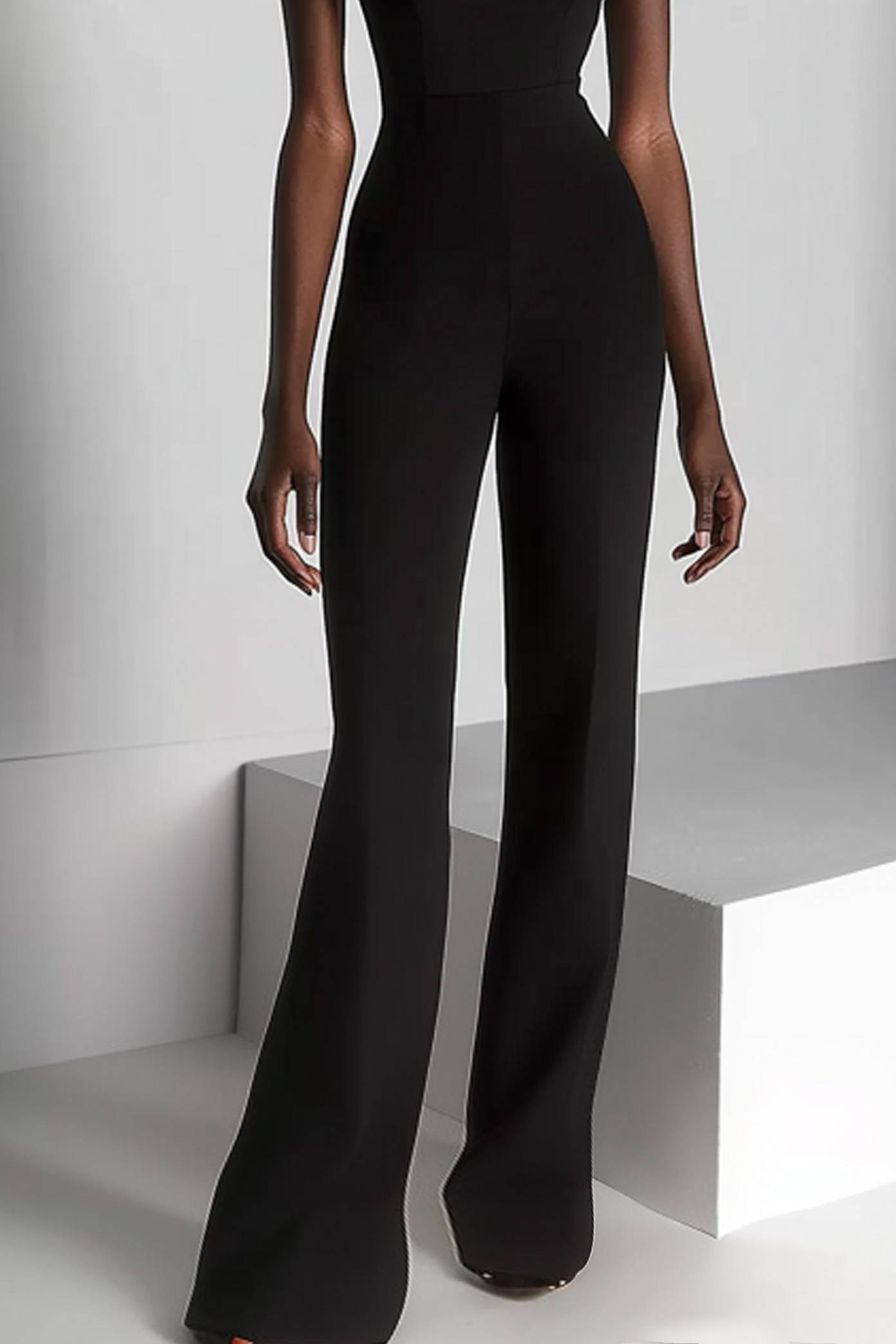 Semi-Formal Party Jumpsuit Black Off-Shoulder Silver Trimmed Wide-Leg Pants