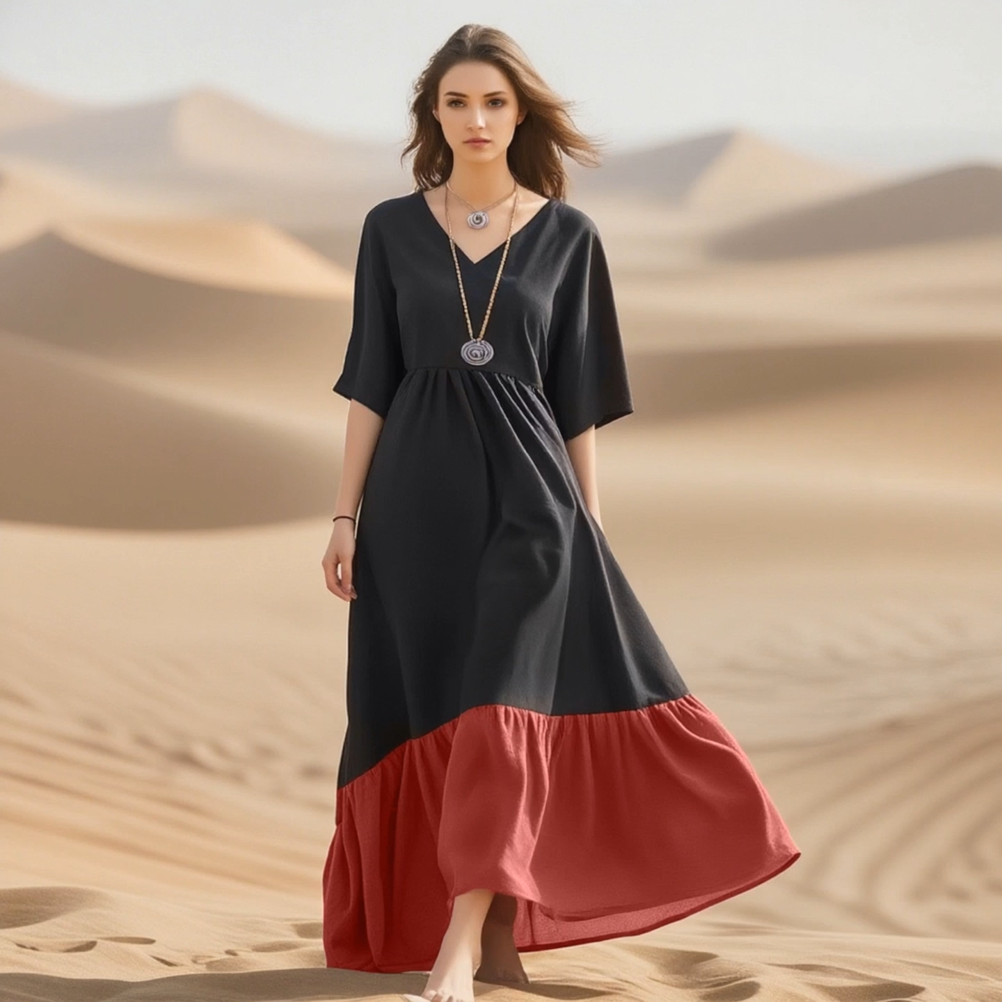 Bohemian Dress Black V Neck Colorblock Maxi Dress