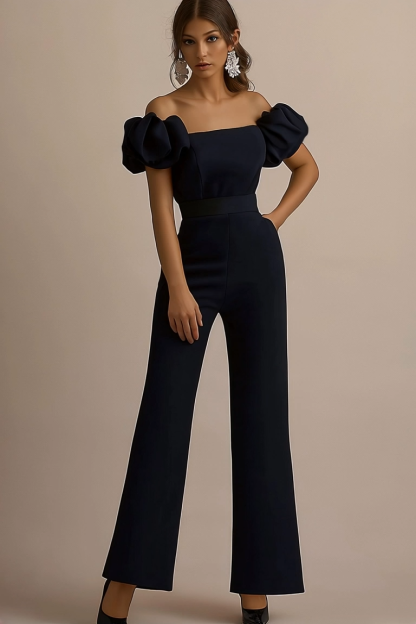 Evening Jumpsuit Black Puff Sleeve Pocket Straight Leg Pants