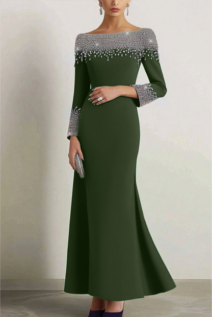 Elegant Dress Navy Boat Neck Rhinestone Maxi Dress Mother of the Bride Dress