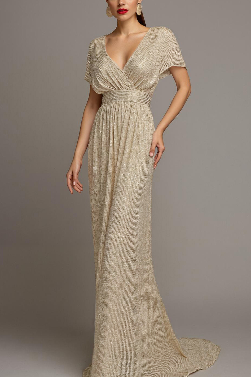 Evening Formal Gown Champagne Sequin Cross Neck Floor-Length Dress