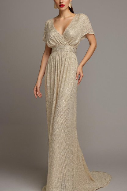 Evening Formal Gown Champagne Sequin Cross Neck Maxi Dress