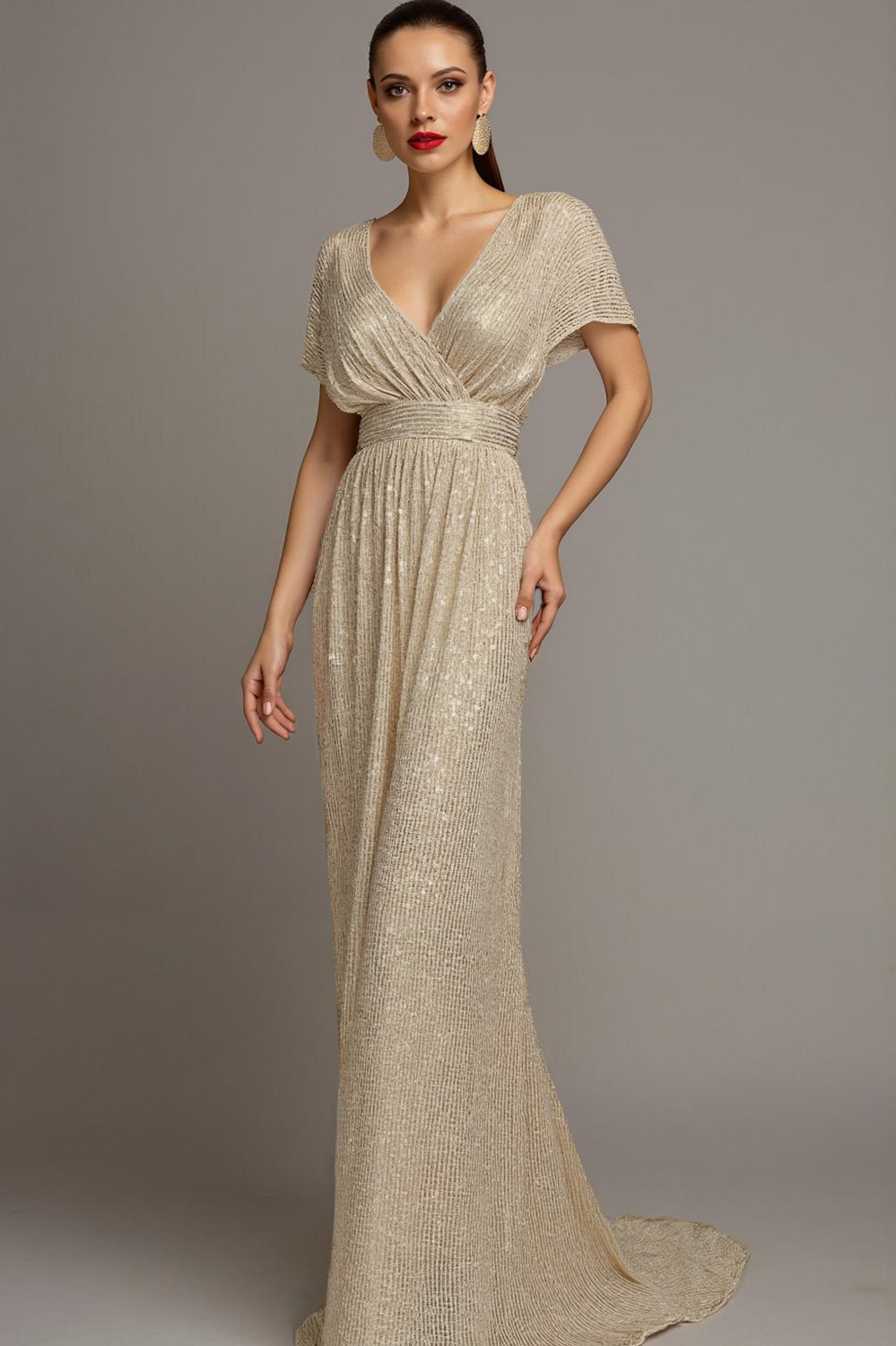 Evening Formal Gown Champagne Sequin Cross Neck Maxi Dress