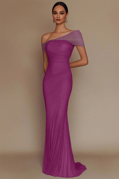 Evening Prom Light Blue Gown One Shoulder Glitter Pleated Maxi Dress
