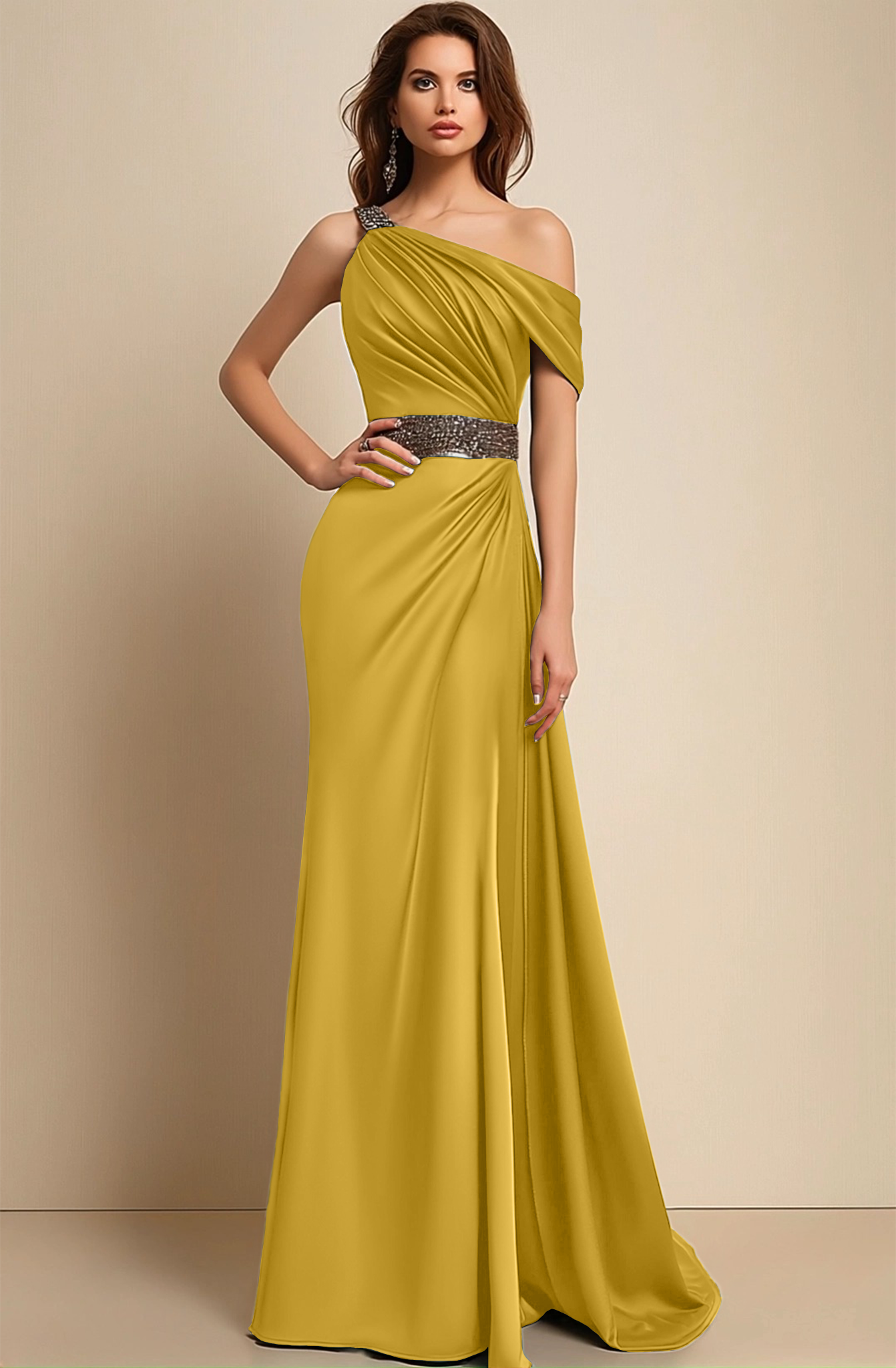 Formal Dress Green One-Shoulder Rhinestone Waist Belt Maxi Dress