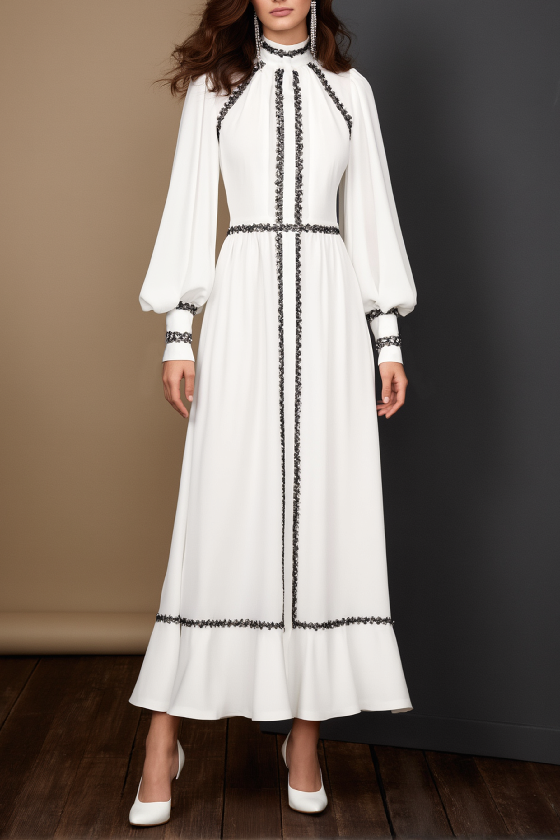 Formal Dress Whiute Stand Neck Colorblock Maxi Dress