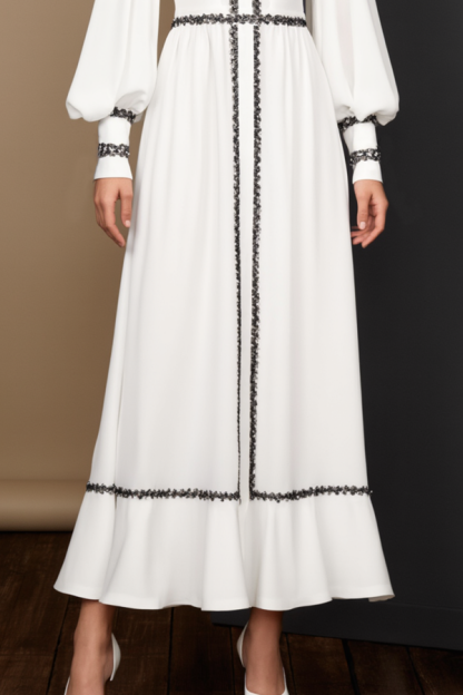 Formal Dress Whiute Stand Neck Colorblock Maxi Dress