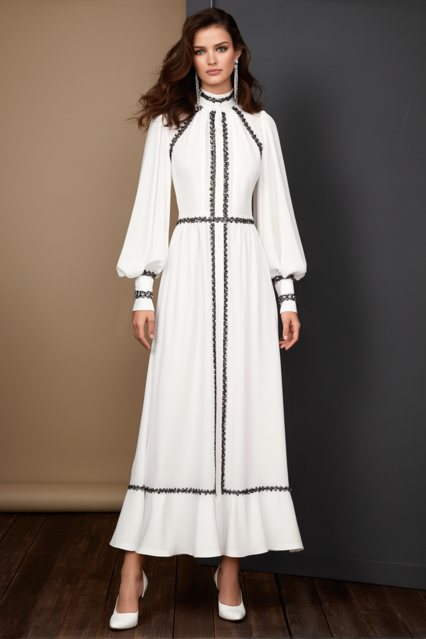 Formal Dress Whiute Stand Neck Colorblock Maxi Dress