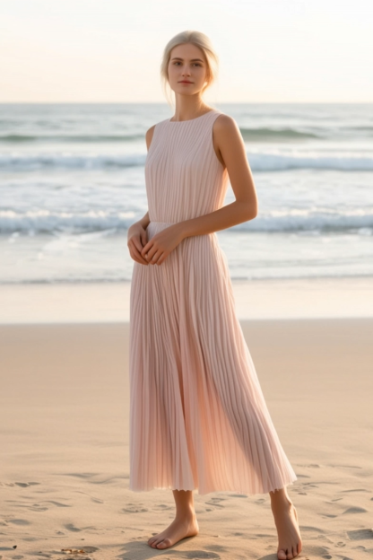 Daily Vacation Dress Light Pink Sleeveless Chiffon Pleated Midi Dress