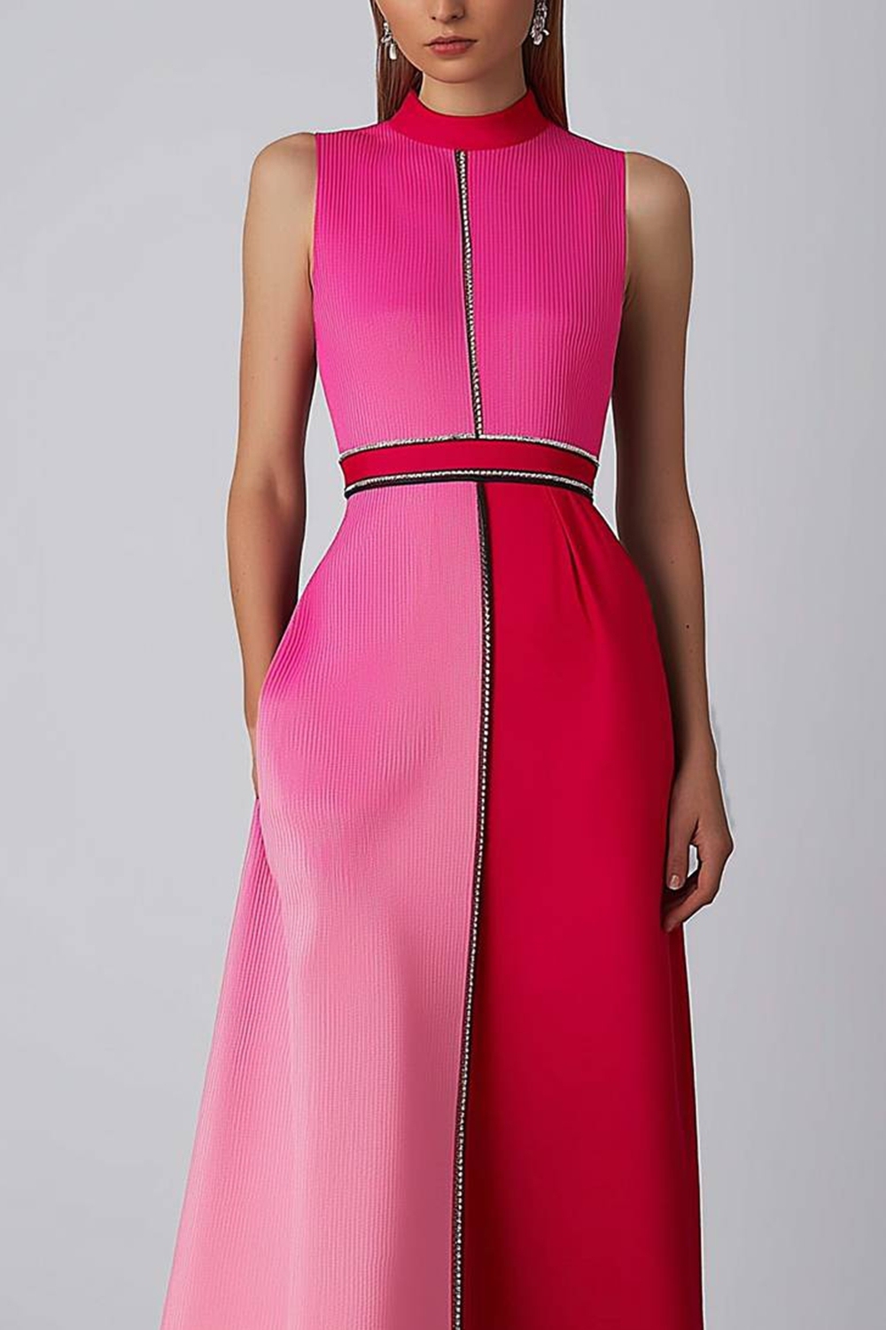 Elegant Pink Evening Formal A-Line Gown Ombre Crepe Black Trim Dress
