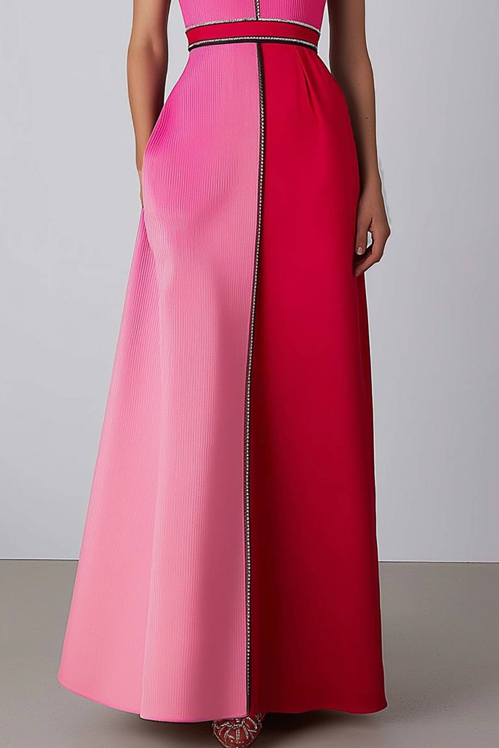 Elegant Pink Evening Formal A-Line Gown Ombre Crepe Black Trim Dress