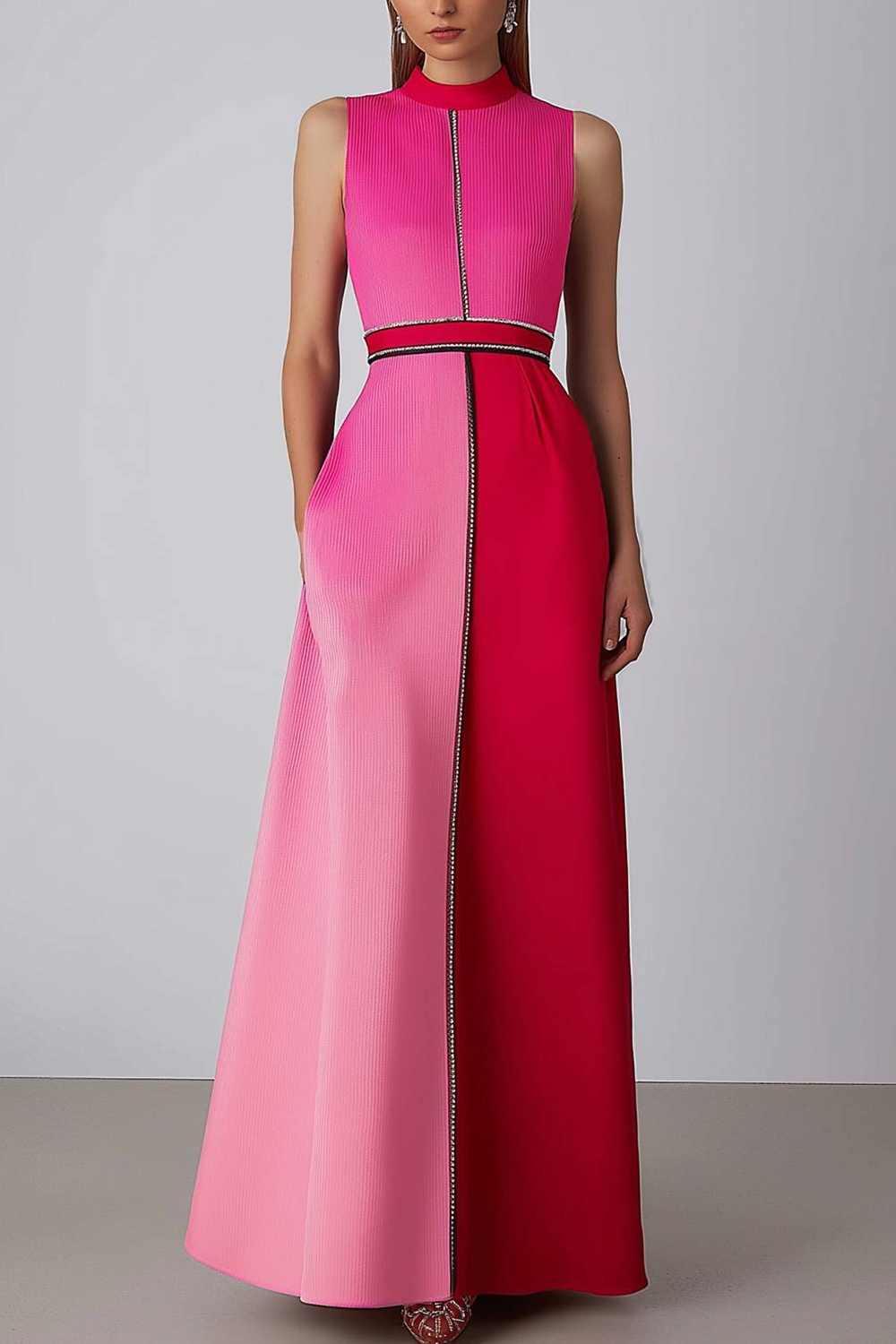 Elegant Pink Evening Formal A-Line Gown Ombre Crepe Black Trim Dress
