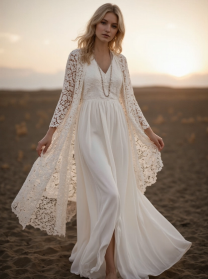 Vacation Lace Dress Set Long Sleeve Cardigan V-Neck Floor-Length Dress Set