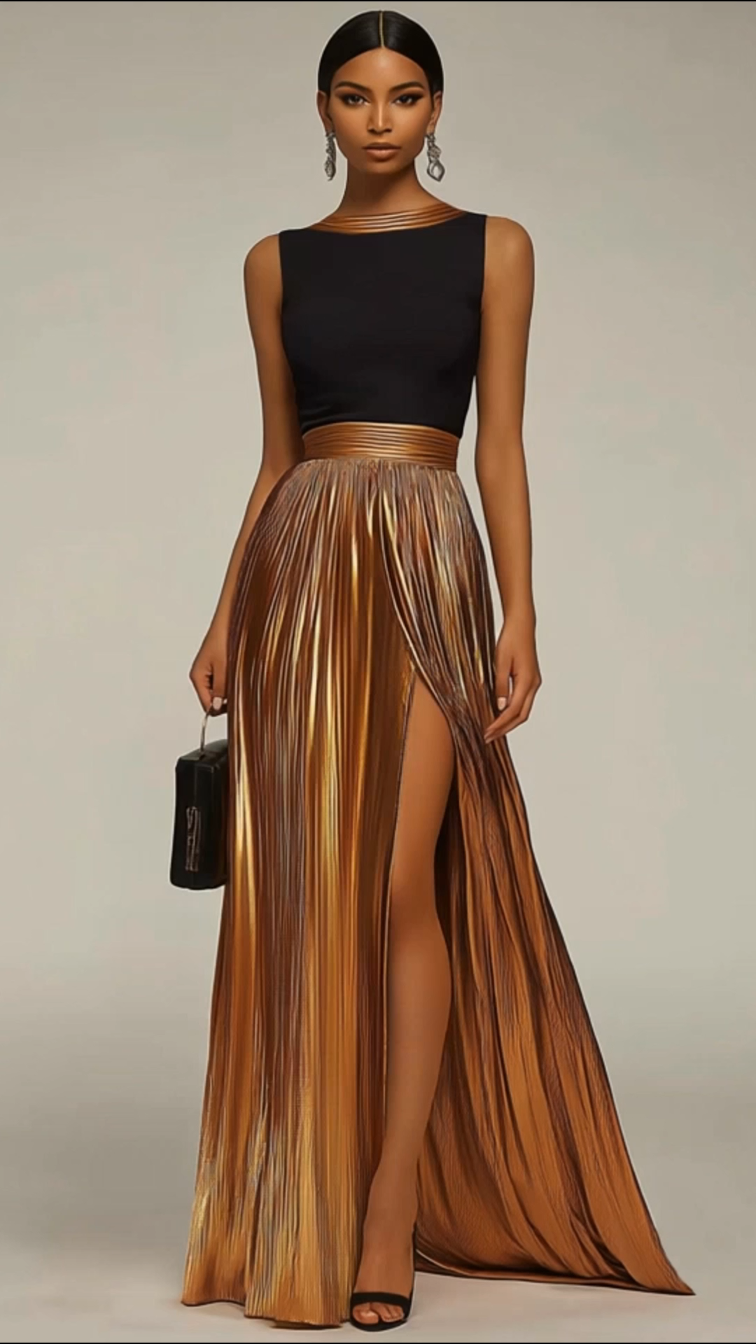 Evening Formal Dress Black-Gold Colorblock Round Neck Pleated Maxi Dress