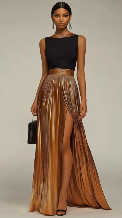 Evening Formal Dress Black-Gold Colorblock Round Neck Pleated Maxi Dress
