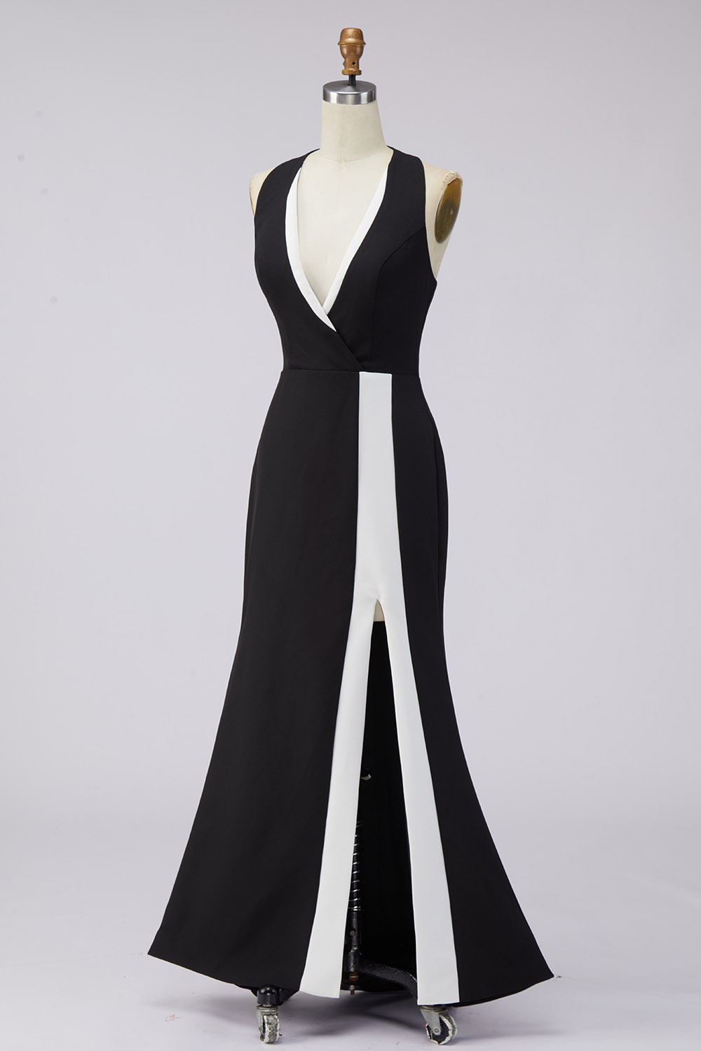 Evening Formal Dress Black White Halter V-Neck Slit Maxi Gown