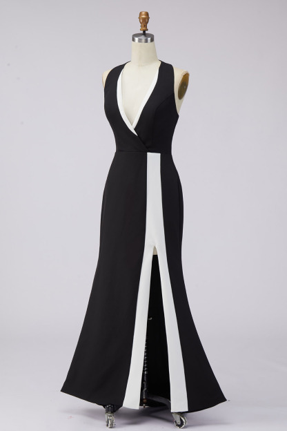 Evening Formal Dress Black White Halter V-Neck Slit Maxi Gown